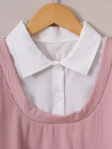 SHEIN 女款寬鬆可愛80年代風襯衫套裝，學院風粉色短版針織拼接背心、格紋領帶、白黑迷你裙，校園休閒紫色秋季款 - 彩色 - 查看 6