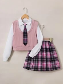 SHEIN 女款寬鬆可愛80年代風襯衫套裝，學院風粉色短版針織拼接背心、格紋領帶、白黑迷你裙，校園休閒紫色秋季款 - 彩色 - 查看 5