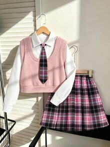 SHEIN 女款寬鬆可愛80年代風襯衫套裝，學院風粉色短版針織拼接背心、格紋領帶、白黑迷你裙，校園休閒紫色秋季款 - 彩色 - 查看 3
