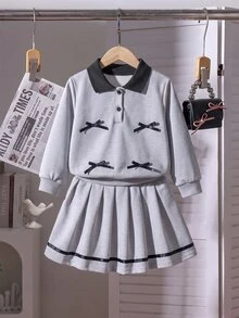 SHEIN 少女休閒可愛學院風 春/秋新款 蝴蝶結灰色落肩長袖 2合1衛衣 + 百褶裙 2件套 - 淺灰色 - 查看 4