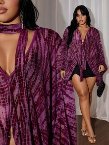 Rustia Fashionable Printed Elegant Women's V-Neck Long Cocoon-Shaped Blouse - Purple - View 1