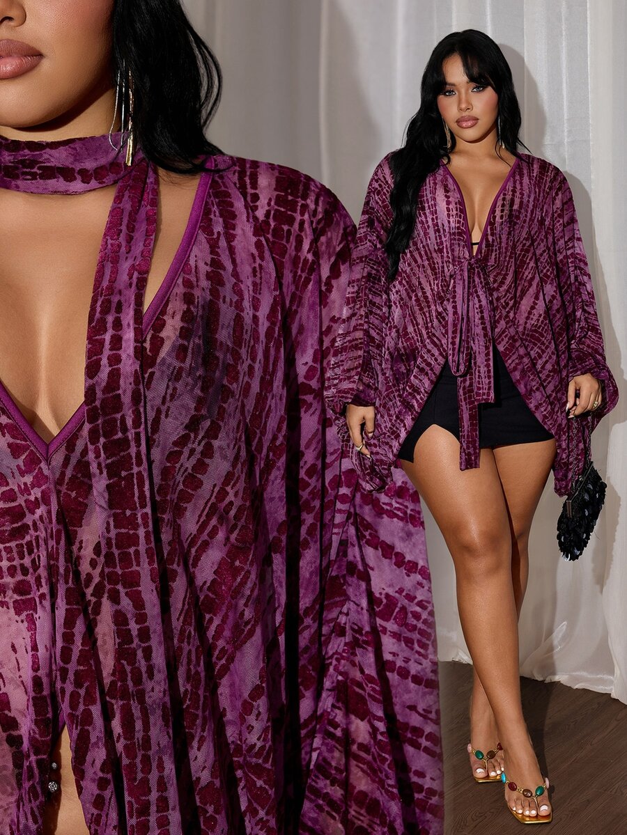 Rustia Fashionable Printed Elegant Women's V-Neck Long Cocoon-Shaped Blouse - Purple - View 1