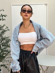 DAZY Drop Shoulder Asymmetrical Hem Denim Jacket,Fall Women Clothes - Light Wash - View 4