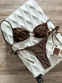 SHEIN Swim Women's 2pcs Solid Color Metal Decor Holiday Casual Bikini Set For Summer Beach Vacation - Coffee Brown - View 2