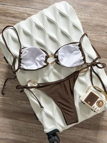 SHEIN Swim Women's 2pcs Solid Color Metal Decor Holiday Casual Bikini Set For Summer Beach Vacation - Coffee Brown - View 3
