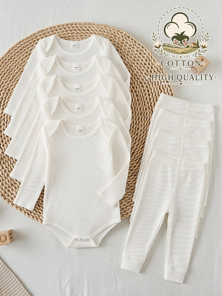 SHEIN Playful Pals 5 Packs Newborn Baby Boy Bodysuit Romper Cute Sweet White Ribbed Lap Shoulder Snaps Long Sleeve Round Neck Birthday Party Winter Christmas Holiday - White - View 1