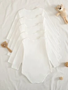 SHEIN Playful Pals 5件組新生兒男嬰連身衣可愛甜美白色羅紋領肩扣長袖圓領生日派對冬季聖誕節假期 - 白色 - 查看 2