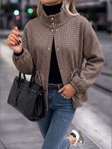 SHEIN Women's Brown Plaid Stand Collar Cinched Waist Utility Jacket - Vintage Loose Coat For Spring And Fa - Brown - View 5