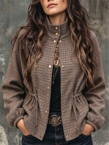 SHEIN Women's Brown Plaid Stand Collar Cinched Waist Utility Jacket - Vintage Loose Coat For Spring And Fa - Brown - View 1