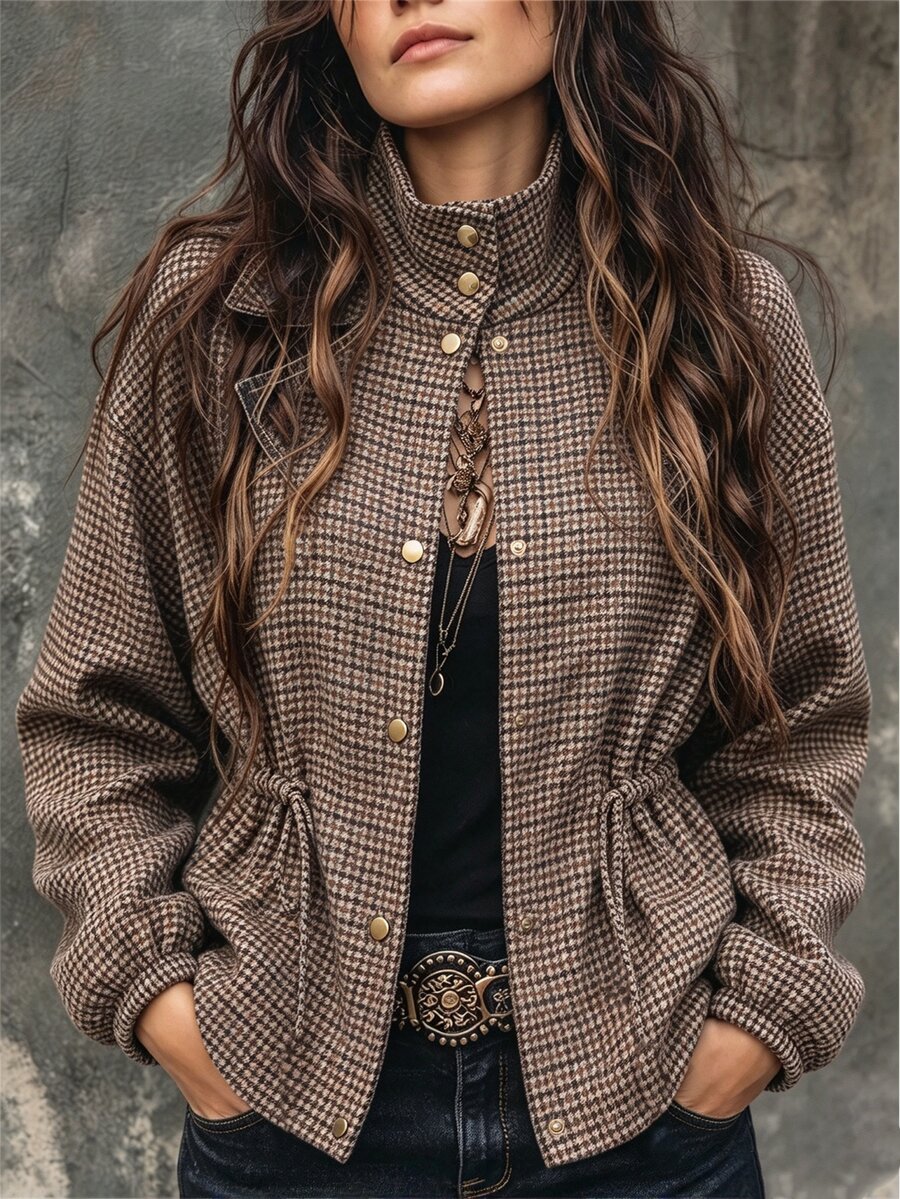 SHEIN Women's Brown Plaid Stand Collar Cinched Waist Utility Jacket - Vintage Loose Coat For Spring And Fa - Brown - View 1