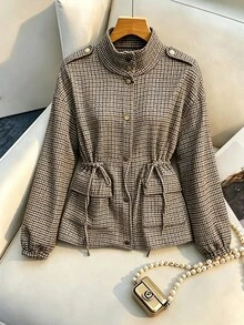 SHEIN Women's Brown Plaid Stand Collar Cinched Waist Utility Jacket - Vintage Loose Coat For Spring And Fa - Brown - View 6