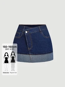 SHEIN PETITE Women's Asymmetric Waist Pocket Casual Denim Skirt - Blue - View 1