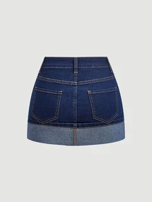 SHEIN PETITE Women's Asymmetric Waist Pocket Casual Denim Skirt - Blue - View 2