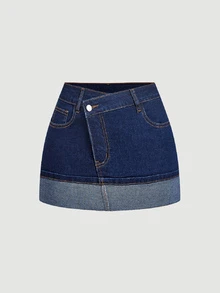 SHEIN PETITE Women's Asymmetric Waist Pocket Casual Denim Skirt - Blue - View 5