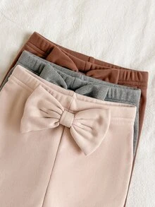 SHEIN Vintaside Kids 3件組幼兒女嬰絨裡內裡打底褲，甜美優雅粉色棕色灰色蝴蝶結腰頭，全長加厚，適合生日派對、冬季假期，毛絨保暖 - 彩色 - 查看 7