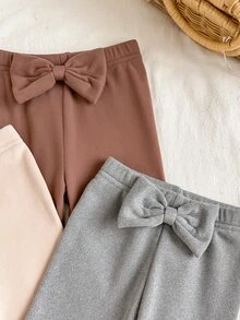 SHEIN Vintaside Kids 3件組幼兒女嬰絨裡內裡打底褲，甜美優雅粉色棕色灰色蝴蝶結腰頭，全長加厚，適合生日派對、冬季假期，毛絨保暖 - 彩色 - 查看 6