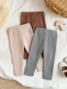 SHEIN Vintaside Kids 3件組幼兒女嬰絨裡內裡打底褲，甜美優雅粉色棕色灰色蝴蝶結腰頭，全長加厚，適合生日派對、冬季假期，毛絨保暖 - 彩色 - 查看 2