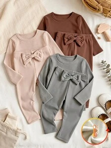 SHEIN Vintaside Kids 3件組幼兒女嬰絨裡內裡打底褲，甜美優雅粉色棕色灰色蝴蝶結腰頭，全長加厚，適合生日派對、冬季假期，毛絨保暖 - 彩色 - 查看 1
