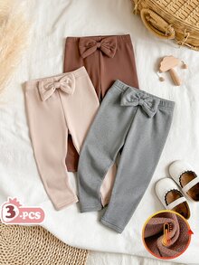 SHEIN Vintaside Kids 3件組幼兒女嬰絨裡內裡打底褲，甜美優雅粉色棕色灰色蝴蝶結腰頭，全長加厚，適合生日派對、冬季假期，毛絨保暖 - 彩色 - 查看 3