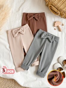 SHEIN Vintaside Kids 3件組幼兒女嬰絨裡內裡打底褲，甜美優雅粉色棕色灰色蝴蝶結腰頭，全長加厚，適合生日派對、冬季假期，毛絨保暖 - 彩色 - 查看 4