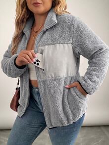 SHEIN LUNE 大尺碼休閒商務休閒寬鬆可翻面抓絨拼接夾克 冬季外套 外出夜店度假穿搭 灰色 - 灰色 - 查看 6