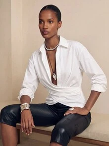 Aveloria Modichic Solid Criss Cross Wrap Front Shirt Workwear ,Long Sleeve Tops Fall Cloth For Women - White - View 4