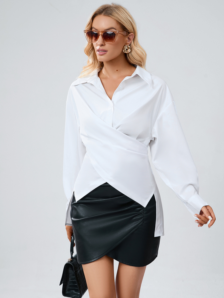 Aveloria Modichic Solid Criss Cross Wrap Front Shirt Workwear ,Long Sleeve Tops Fall Cloth For Women - White - View 10