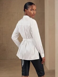 Aveloria Modichic Solid Criss Cross Wrap Front Shirt Workwear ,Long Sleeve Tops Fall Cloth For Women - White - View 3