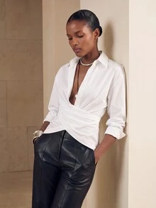 Aveloria Modichic Solid Criss Cross Wrap Front Shirt Workwear ,Long Sleeve Tops Fall Cloth For Women - White - View 5