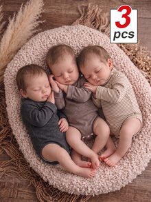 Vintaside Kids 3pcs Newborn Baby Boys Girls Romper Bodysuit Cute Sweet Grey Brown Striped Snap Crotch Long Sleeve Round Neck Regular Holiday Fall Jumpers Pull Basics - Multicolor - View 6