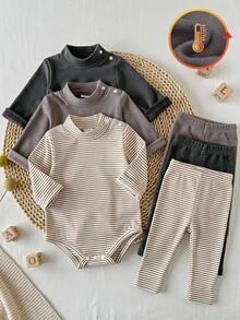Vintaside Kids 3pcs Newborn Baby Boys Girls Romper Bodysuit Cute Sweet Grey Brown Striped Snap Crotch Long Sleeve Round Neck Regular Holiday Fall Jumpers Pull Basics - Multicolor - View 1