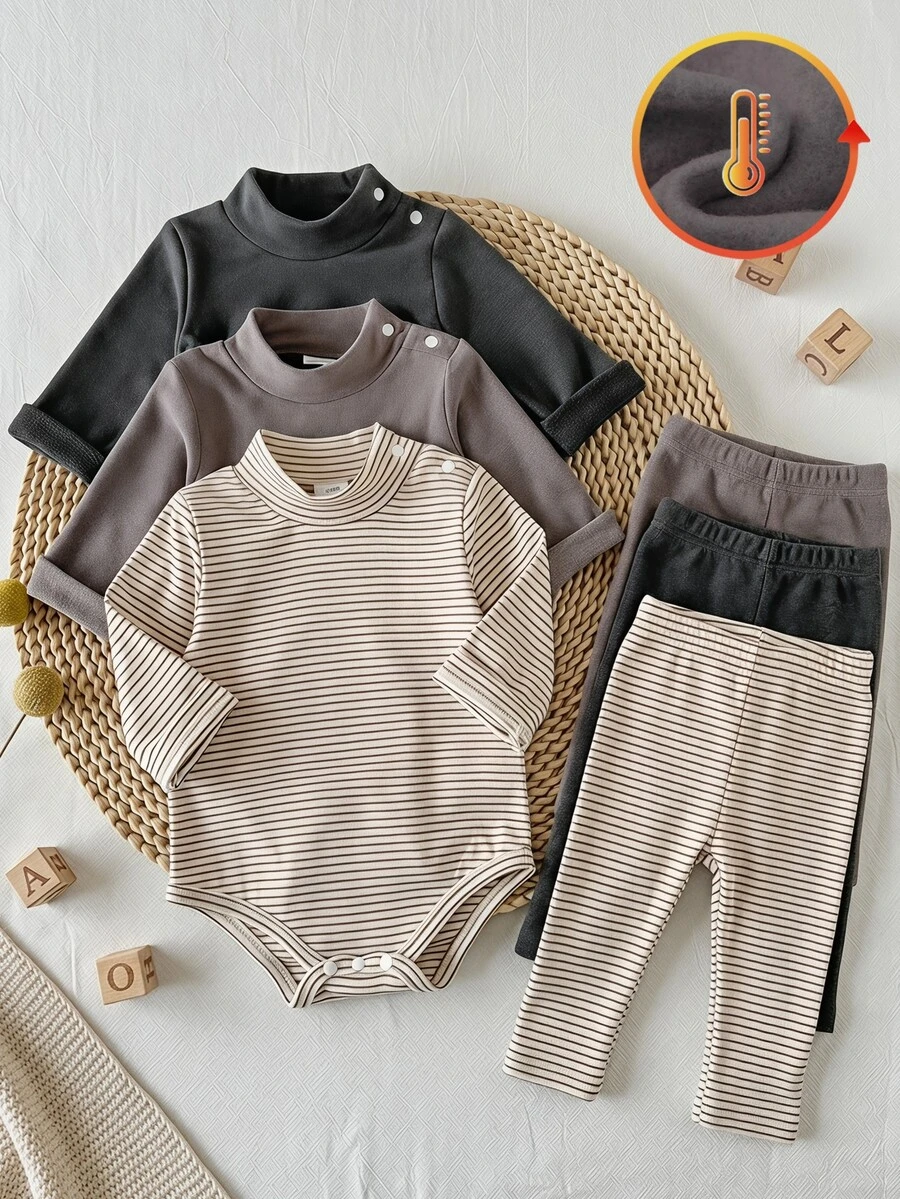 Vintaside Kids 3pcs Newborn Baby Boys Girls Romper Bodysuit Cute Sweet Grey Brown Striped Snap Crotch Long Sleeve Round Neck Regular Holiday Fall Jumpers Pull Basics - Multicolor - View 1