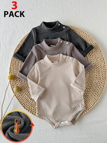 Vintaside Kids 3pcs Newborn Baby Boys Girls Romper Bodysuit Cute Sweet Grey Brown Striped Snap Crotch Long Sleeve Round Neck Regular Holiday Fall Jumpers Pull Basics - Multicolor - View 3
