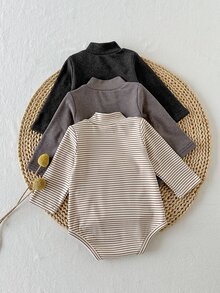 Vintaside Kids 3pcs Newborn Baby Boys Girls Romper Bodysuit Cute Sweet Grey Brown Striped Snap Crotch Long Sleeve Round Neck Regular Holiday Fall Jumpers Pull Basics - Multicolor - View 2