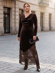 Chikora Plus Size Autumn/Winter Velvet Patchwork Asymmetrical Lace Cowl Neck Long Sleeve Dress - Brown - View 5