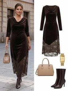 Chikora Plus Size Autumn/Winter Velvet Patchwork Asymmetrical Lace Cowl Neck Long Sleeve Dress - Brown - View 1