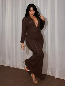 Rustia Plus Size Women Deep V Hollow Knit Maxi Dress, Long Sleeve Slim Bodycon See-Through Textured Knit Long Dress, Fall Winter Item - Brown - View 5