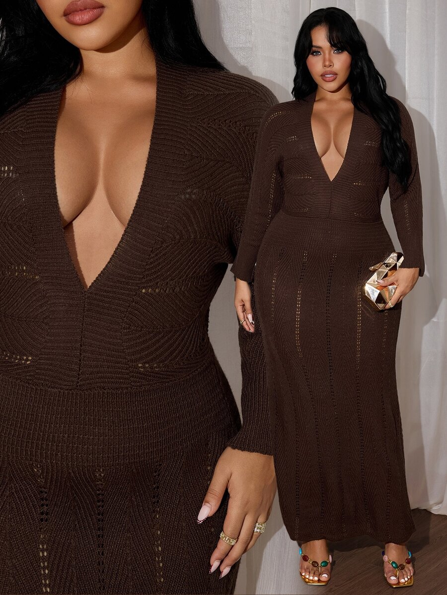 Rustia Plus Size Women Deep V Hollow Knit Maxi Dress, Long Sleeve Slim Bodycon See-Through Textured Knit Long Dress, Fall Winter Item
