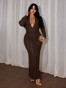 Rustia Plus Size Women Deep V Hollow Knit Maxi Dress, Long Sleeve Slim Bodycon See-Through Textured Knit Long Dress, Fall Winter Item - Brown - View 9