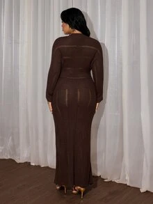 Rustia Plus Size Women Deep V Hollow Knit Maxi Dress, Long Sleeve Slim Bodycon See-Through Textured Knit Long Dress, Fall Winter Item - Brown - View 3