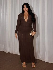Rustia Plus Size Women Deep V Hollow Knit Maxi Dress, Long Sleeve Slim Bodycon See-Through Textured Knit Long Dress, Fall Winter Item - Brown - View 6
