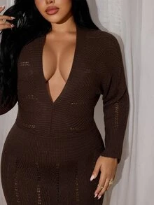Rustia Plus Size Women Deep V Hollow Knit Maxi Dress, Long Sleeve Slim Bodycon See-Through Textured Knit Long Dress, Fall Winter Item - Brown - View 8