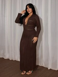 Rustia Plus Size Women Deep V Hollow Knit Maxi Dress, Long Sleeve Slim Bodycon See-Through Textured Knit Long Dress, Fall Winter Item - Brown - View 7