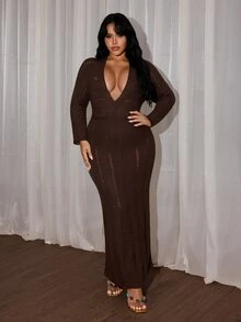 Rustia Plus Size Women Deep V Hollow Knit Maxi Dress, Long Sleeve Slim Bodycon See-Through Textured Knit Long Dress, Fall Winter Item - Brown - View 4