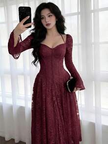Feyla Vintage Inspired Ruby Red Lace Gown For Women Featuring Sweetheart Bust And Bell Sleeves A Stunning Statement Piece - Burgundy - View 3