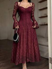 Feyla Vintage Inspired Ruby Red Lace Gown For Women Featuring Sweetheart Bust And Bell Sleeves A Stunning Statement Piece - Burgundy - View 4