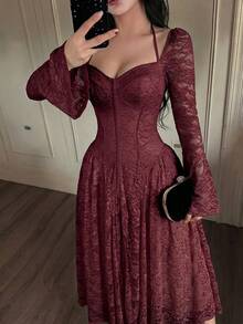 Feyla Vintage Inspired Ruby Red Lace Gown For Women Featuring Sweetheart Bust And Bell Sleeves A Stunning Statement Piece - Burgundy - View 5