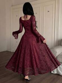 Feyla Vintage Inspired Ruby Red Lace Gown For Women Featuring Sweetheart Bust And Bell Sleeves A Stunning Statement Piece - Burgundy - View 2