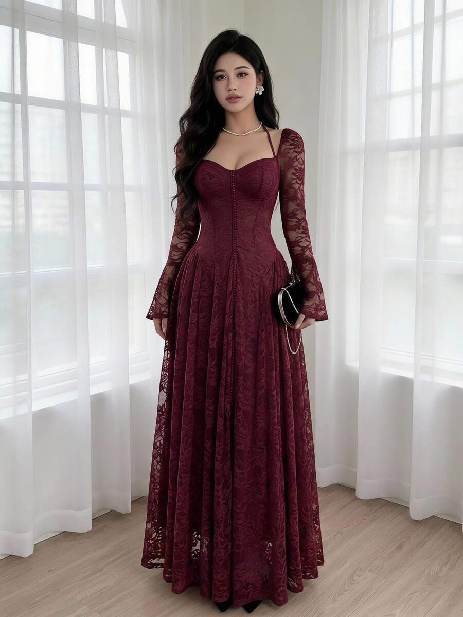 Feyla Vintage Inspired Ruby Red Lace Gown For Women Featuring Sweetheart Bust And Bell Sleeves A Stunning Statement Piece - Burgundy - View 1