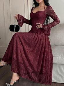 Feyla Vintage Inspired Ruby Red Lace Gown For Women Featuring Sweetheart Bust And Bell Sleeves A Stunning Statement Piece - Burgundy - View 6